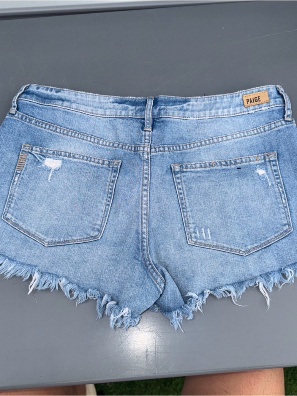 Paige Light Blue Denim Frayed Hem Women’s Shorts - Picture 3 of 12